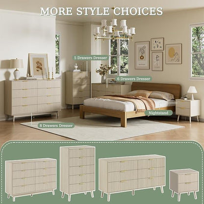 LYNSOM Fluted 8 Drawer Dresser for Bedroom, 55" Wide Modern Chest of Drawers with Curved Profile Design and Metal Handles, Wood Dresser TV Stand & Storage Organizer for Bedroom, Hallway, Beige