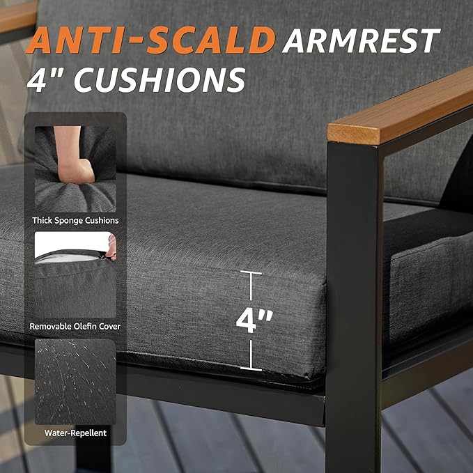 NATURAL EXPRESSIONS 4 Pieces Patio Furniture Sets,Metal Outdoor Patio Furniture Sets,Outdoor Sectional Patio Conversation Set,Wooden Anti-Scald Armrest,Sling Mesh,4" Olefin Cushions Dark Grey