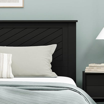 Serene Poplar Wood King Size Headboard in Black, Modern Farmhouse Panel with Chevron Scoring, Casual Coastal Style, Easy Assembly, Quality Materials