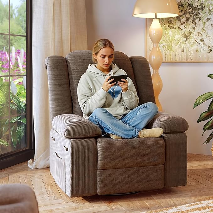FLEXISPOT 360° Swivel Rocker Recliner with Massage & Heat for Adults, Manual Rocking Chair with USB Port & Side Pocket, Swivel Glider Recliner for Living Room Apartment Small Spaces, Brown