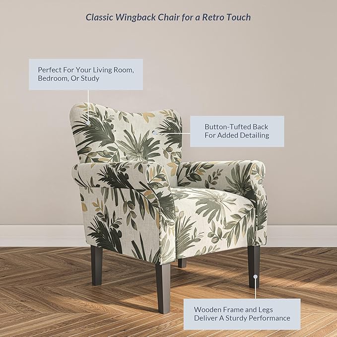 BELLEZE Modern Accent Chair, High Back Armchair, Upholstered Wingback Side Chair, Padded Single Sofa with Wooden Legs for Living Room, Bedroom - Green Floral