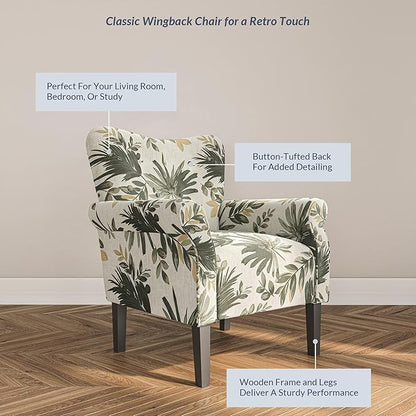 BELLEZE Modern Accent Chair, High Back Armchair, Upholstered Wingback Side Chair, Padded Single Sofa with Wooden Legs for Living Room, Bedroom - Green Floral