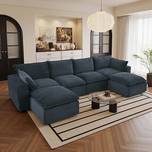 108" Sectional Couches for Living Room Boneless Couch Upholstered Cloud Couch Sectional Modular Sectional Sofa with L Shaped (Corduroy-Blue, 4 Seat+2 Ottoman)