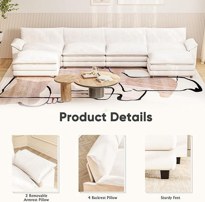 Furniwell Modular Sectional Sofa with Moveable Ottoman, Oversized 3-Seater Couch with Supportive Backrest, Chenille Convertible Sofa Couches for Living Room/Apartment (Whtie, U Shaped)