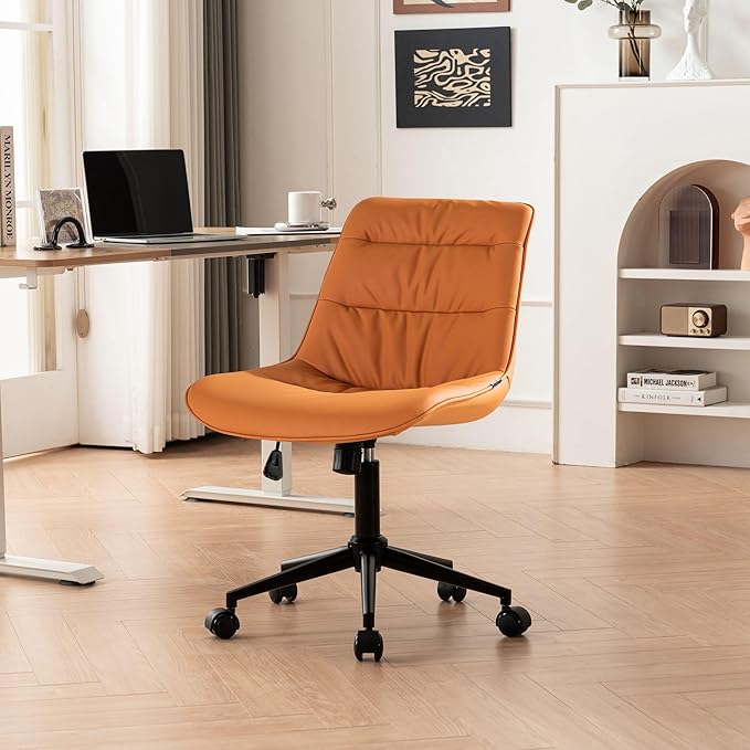 Rowill Leather Office Chair,Ergonomic Armless Desk Chair with Waterproof Cushion & Slient Wheels & SGS-Certified Class 3 Explosion-Proof Gas Lift,Ideal for Home Office,Study,Vanity(Brunt Orange)