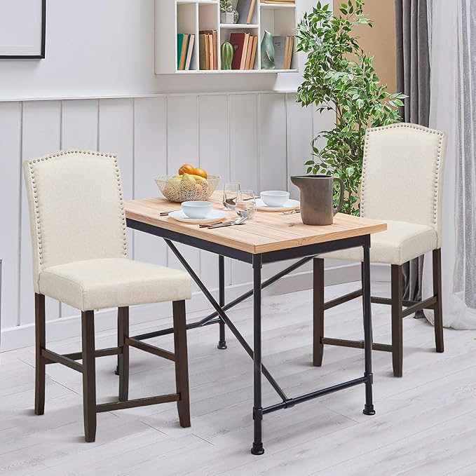 COSTWAY Bar Stools Set of 2, 25'' Upholstered Counter Height Bar Stools with S-Shaped Spring Thick Cushion, Rubber Wood Legs, High Back Leisure Chairs for Living, Kitchen, Dining Room (Beige, 2)