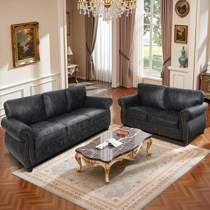 Mid-Century Vintage Sofa Couches with Rivet Design,loveseat Sofa,Removable Sofa Cover Upholstered Cushions and Solid Wood Frame (Grey, Loveseat)