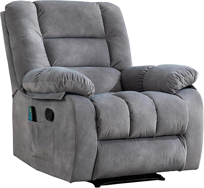 ANJHOME Massage Recliner Chairs with Heat and Vibration,Overstuffed Manual Rocking Reclining Chair for Living Room Bedroom (Light Grey)