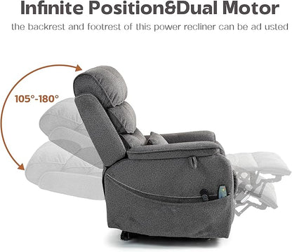 Power Lift Recliners Chairs for Elderly Adults Lay Flat Recliner with Heat & Massage, Wireless Charging Device, USB Ports, Cup Holder, Lumbar Pillow, 400Lbs（Grainy Fibric,Grey）