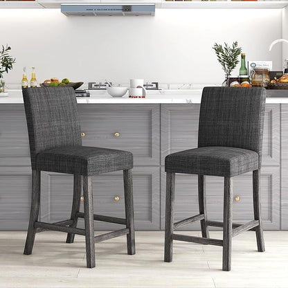 COSTWAY Upholstered Counter Height Stools Set of 4, Bar Stools w/Ergonomic Backrest, Solid Wood Frame, 24.5” Fabric Counter Height Chairs for Kitchen Island, Dining Room, Pub (Grey)