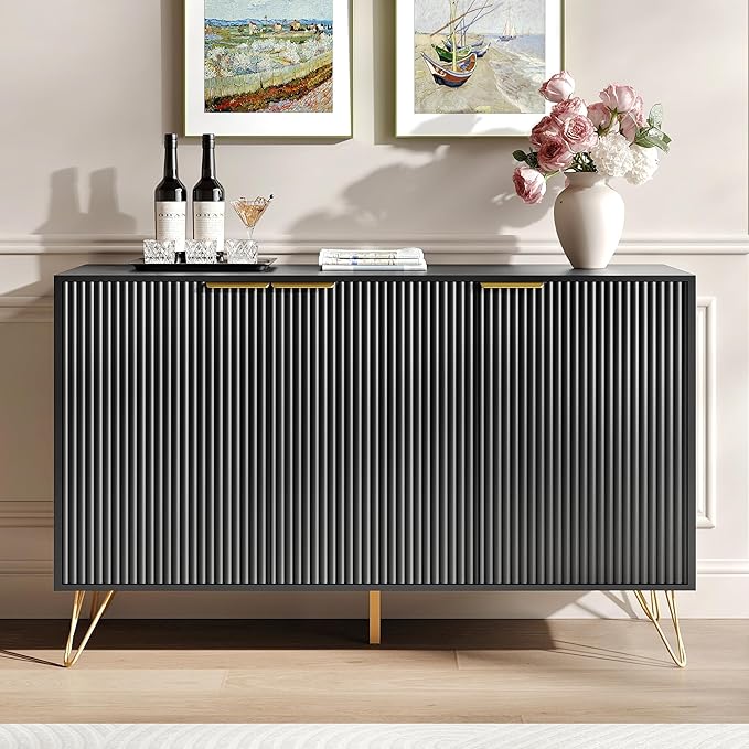 Fluted Buffet Cabinet,Wooden Console Storage with 3 Doors and Adjustable Shelves,Black Sideboard for Entryway,Kitchen,Bathroom,Home Office