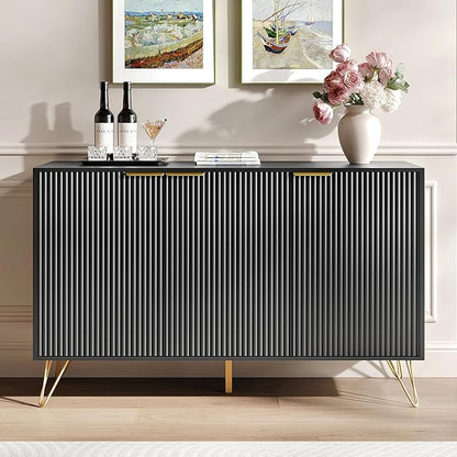 Fluted Buffet Cabinet,Wooden Console Storage with 3 Doors and Adjustable Shelves,Black Sideboard for Entryway,Kitchen,Bathroom,Home Office