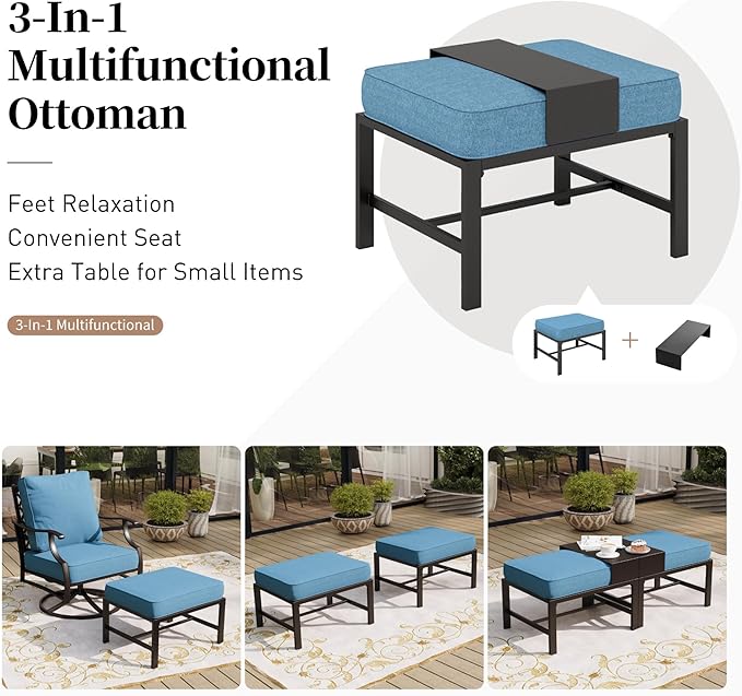 5 Piece Metal Outdoor Patio Furniture Set, Patio Conversation Sets 1 3-seater Sofa, 2 Swivel Chairs, 2 Ottomans with 5.75" Thick Cushion, Black All-weather Backyard Furniture Set, Navy
