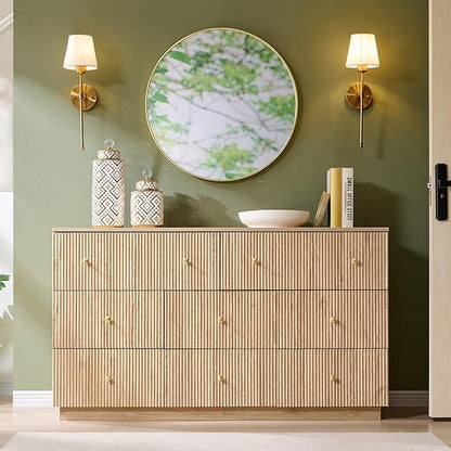 Fluted Dresser for Bedroom, 55" W 8 Drawer Dressers, Wood Tall Dresser Storage Organizer, Modern Bedroom Chest of Drawers with Deep Storage for Closet Hallway, Entryway, Living Room Natural