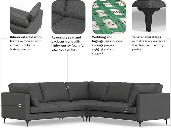 SIMPLIHOME Ava Corner Sectional Sofa in 100% Recycled Polyester Tightly Woven Performance Fabric, Pebble Grey, 102-inches Wide, Handcrafted Mid-Century Modern Style L-Shaped Couch for Living Room
