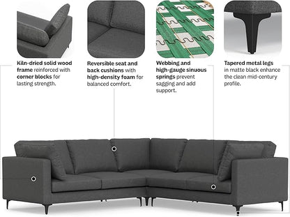 SIMPLIHOME Ava Corner Sectional Sofa in 100% Recycled Polyester Tightly Woven Performance Fabric, Pebble Grey, 102-inches Wide, Handcrafted Mid-Century Modern Style L-Shaped Couch for Living Room