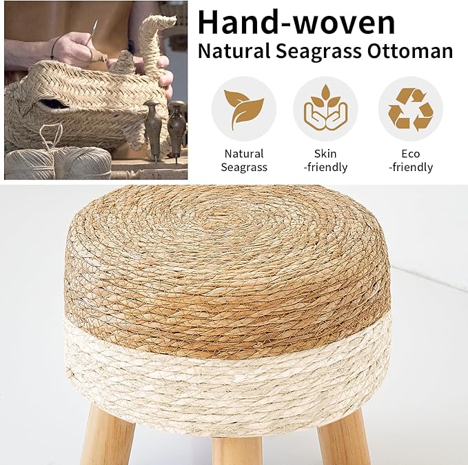 Round Ottoman, Natural Seagrass Footstool with 4 Wood Legs, Multifunctional Modern Dressing Stool and Sofa Side Table for Bedroom (White)