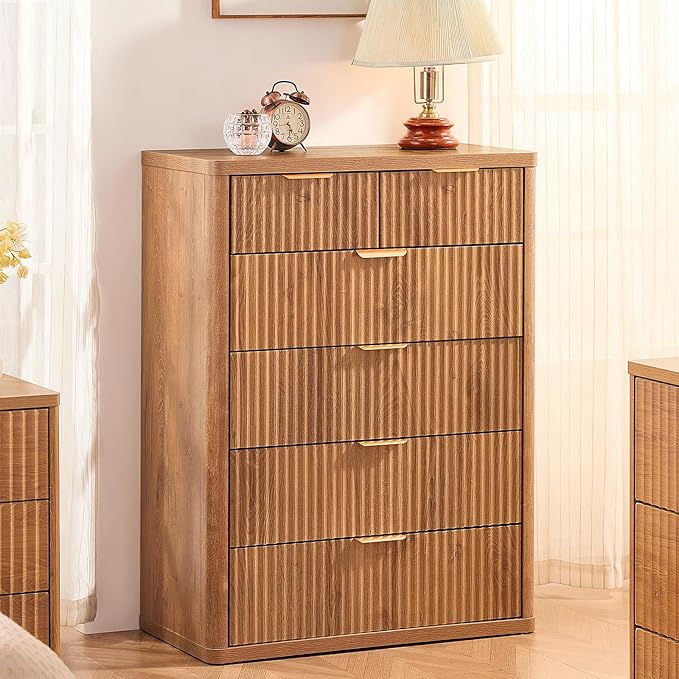 LEYAOYAO Fluted 6 Drawers Dresser for Bedroom, 42" Tall Modern Chest of Drawers with Metal Handle, Curved Profile Design,Brown Wood Drawer Organizer for Bedroom, Living Room, Hallway, Entryway