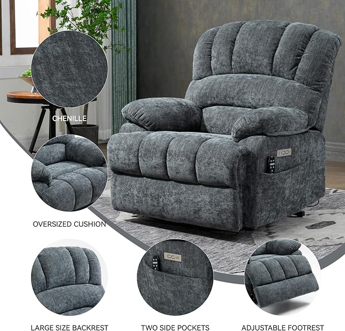 Power Lift Recliner Chair for Elderly with Heat Function, 8 Node Massage with 3 Selectable Modes, Oversized Electric Lift Recliner Single Sofa for Living Room with USB, Blue-Grey