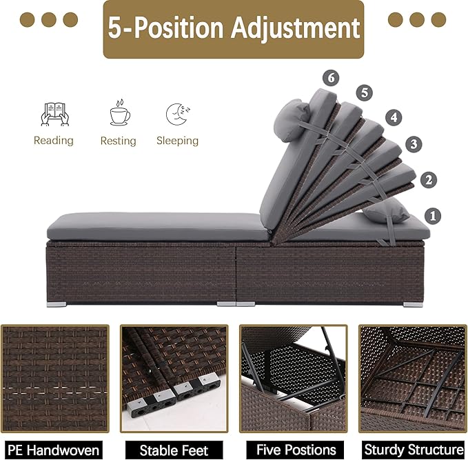 3 PCS Patio Chaise Lounge Outdoor Lounge Chair Patio Reclining Chair with Coffee Table Cushion&Pillow 5 Angle Adjustment Brown Rattan for Courtyards Poolside Garden