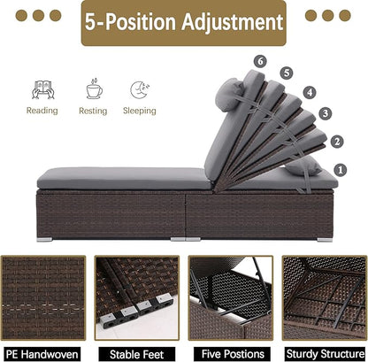 3 PCS Patio Chaise Lounge Outdoor Lounge Chair Patio Reclining Chair with Coffee Table Cushion&Pillow 5 Angle Adjustment Brown Rattan for Courtyards Poolside Garden