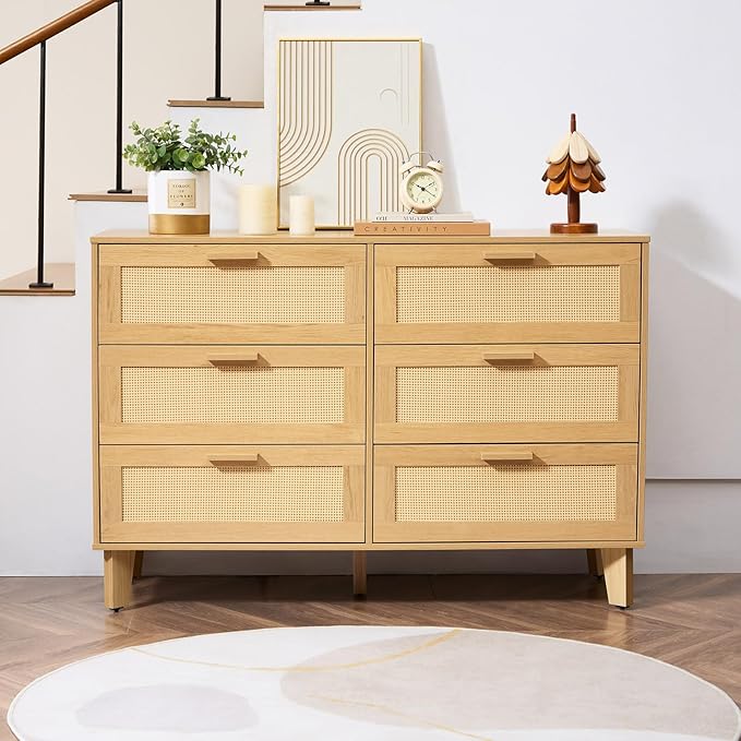 6 Drawer Dresser for Bedroom, Modern Wooden Chest of Drawers with Metal Handles, Anti-Tipping Design, Sturdy and Stable Storage Organizer for Living Room, TV Stand,Natural Oak