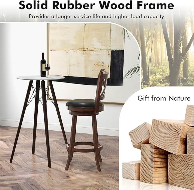COSTWAY Bar Stool Set of 2 for Kitchen Island, Swivel Upholstered Bar Height Barstools with PU Surface, Rubber Wood Frame, 360° Rotatable Seat, Curved Back, Sturdy Footrest (2, 29" Seat Height)