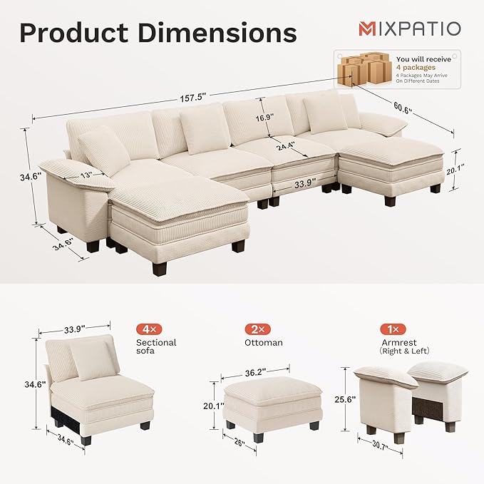 157-Inch U Shaped Sectional Sofa with Cloud Cushions, Deep Seat Modular Couch Set w/ 6 Seats & 2 Ottomans, Plush Chenille & Corduroy Upholstery for Living Room, Apartment - Beige