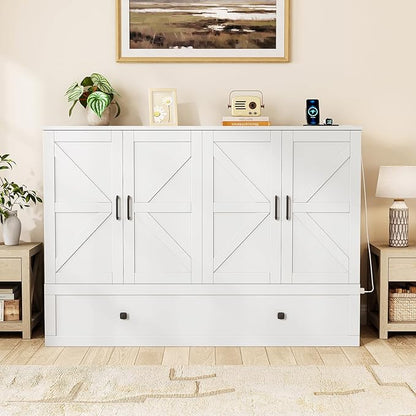 Murphy Bed Queen with Storage & Charging Station, Murphy Cabinet with Foldable Panel, Noisy Free, for Guest Bedroom, Living Room, Office, Distressed White