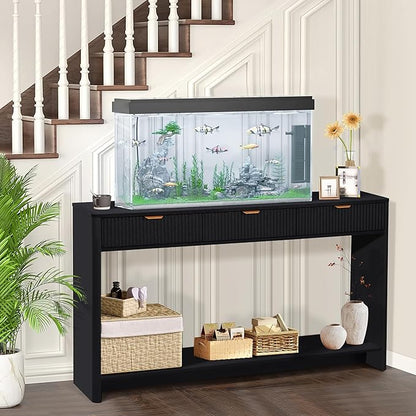 Entryway Table with Storage, Narrow Console Table with 3 Drawers, 55.12' Couch Table Behind Sofa Long for Living Room TV/Hallway Entrance Foyer, Mid Century Modern Black Fluted Console Table