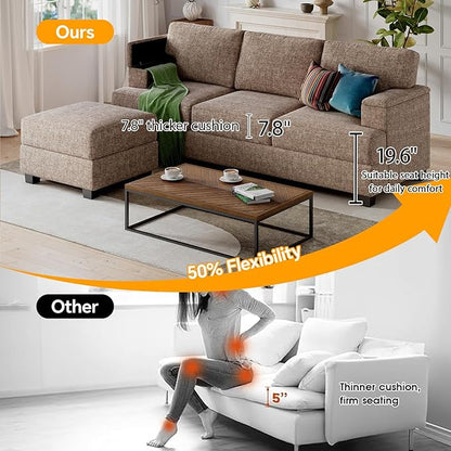 85'' L Shaped Couch with Armrest Organizer,Comfy 3 Seats Sofa with Thick Cushion,Chenille Sectional Couches for Living Room,Bedroom,Apartment,Sofa Set with Oversized Chair,Home Furniture,Brown
