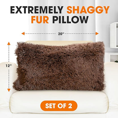Cheer Collection Throw Pillows for Couch and Bed, Soft Shaggy Throw Pillows with Inserts Included, Cozy Long Hair Faux Fur Pillows - Set of 2-12" x 20" - Chocolate