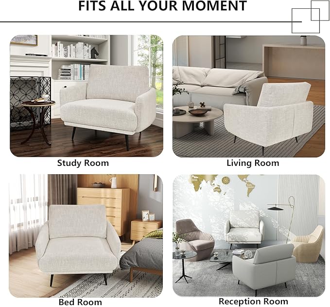 Oversized Accent Chair for Living Room Chairs Reading Arm Chair Comfy Modern Single Sofa Side Chairs with Metal Legs & Soft Cushion for Bedroom, Waiting Room (Chenille Beige Grey, Set of 1)
