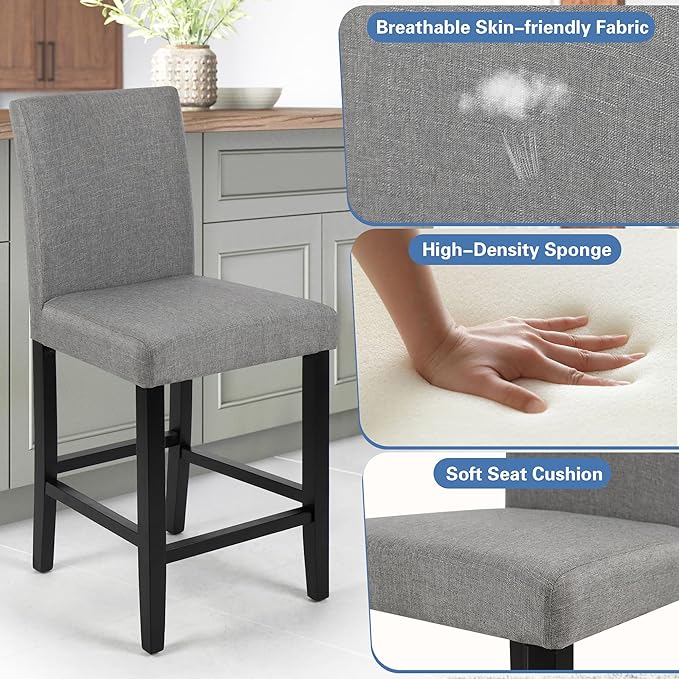 LSSPAID Counter Height Bar Stools Set of 4, 24.8 Inch Upholstered Fabric Barstools, Modern Kitchen Island Chairs with Backrest and Solid Wood Legs, Grey