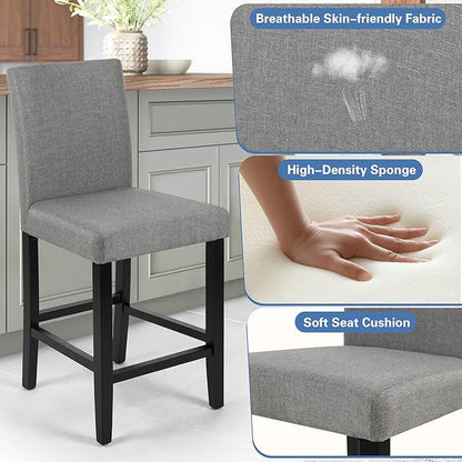 LSSPAID Counter Height Bar Stools Set of 4, 24.8 Inch Upholstered Fabric Barstools, Modern Kitchen Island Chairs with Backrest and Solid Wood Legs, Grey