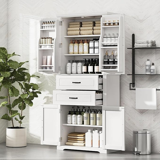 Polibi Elegant Storage Cabinet with Adjustable Shelves - 2 Drawers, 5 Interior Shelves & 6 Small Shelves, for Living Room/Bathroom, White