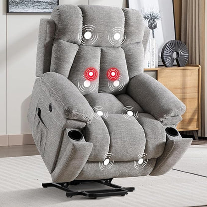 Large Power Lift Recliner Chair with Massage and Heat for Elderly, Wide Padded Recliner with 2 Cup Holders, Side Pocket & USB Charger,(1, Light Gray)