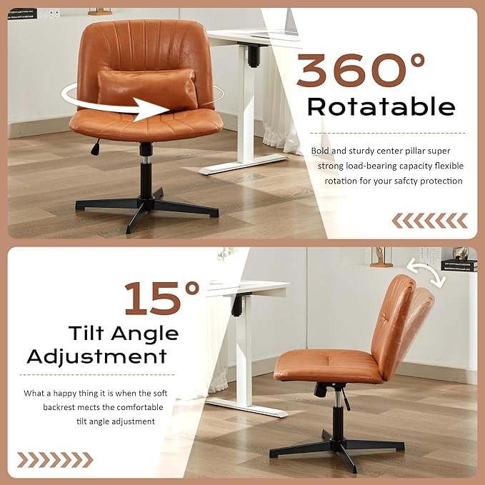 URRED Criss Cross Office Chair, Armless Cross-Legged Desk Chair with Fixed Legs, Height Adjustable Wide Seat Task Vanity Chair for Home Office or Bedroom (Brown)
