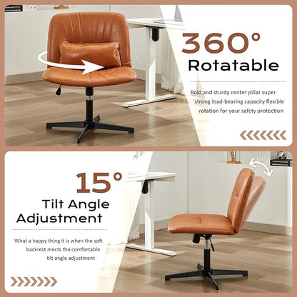 URRED Criss Cross Office Chair, Armless Cross-Legged Desk Chair with Fixed Legs, Height Adjustable Wide Seat Task Vanity Chair for Home Office or Bedroom (Brown)