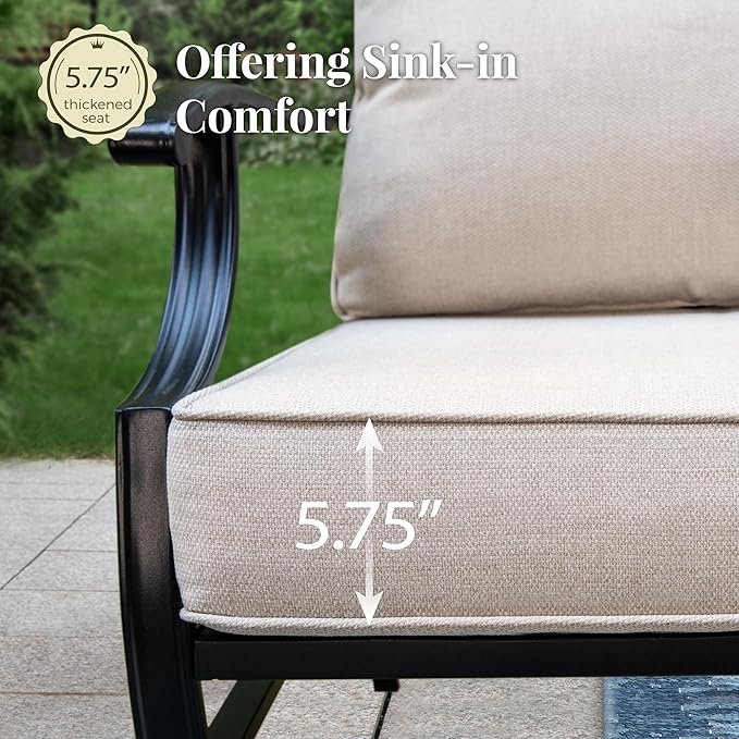 Patio Furniture Set, 6 Pcs Metal Outdoor Conversation Set, 2 Swivel Chairs, 2 Ottomans and 3 Seater Sofa with 5.75" Extra Thick Cushion and Gas Fire Pit Table, Beige