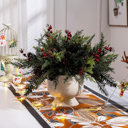 10PCS Artificial Pine Branches with Red Berry Pine Cones Artificial Needles Branches Greenery Stems Fake Greenery Floral Arrangements