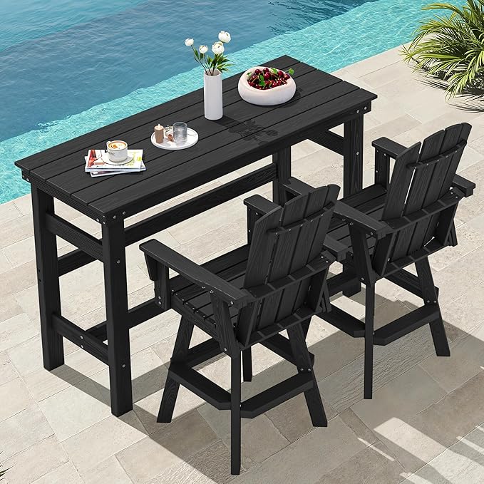 SERWALL 3-Piece Swivel Adirondack Bar Set, HDPE Swivel Bar Height Chairs Set of 2 with Bar Table, All-Weather Outdoor Barstools for Patio, Poolside, Garden, Black
