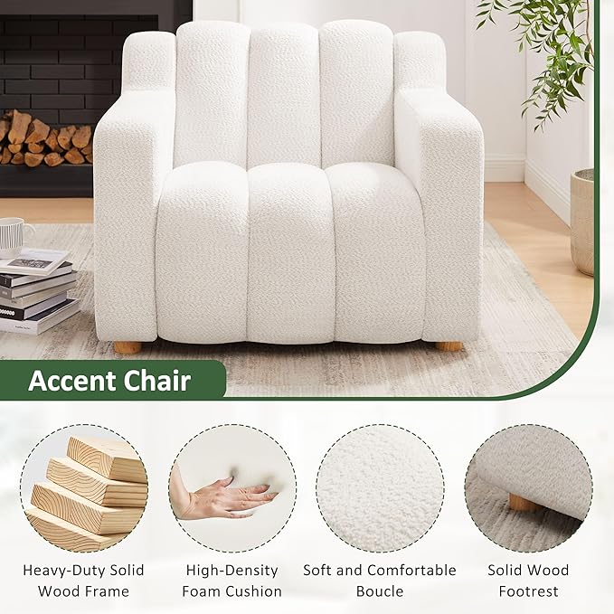 VANOMi Oversized Accent Chair, Modern Living Room Chairs, Comfy Boucle Fabric Upholstered Armchair for Bedroom, Office, Waiting Room (White Boucle)