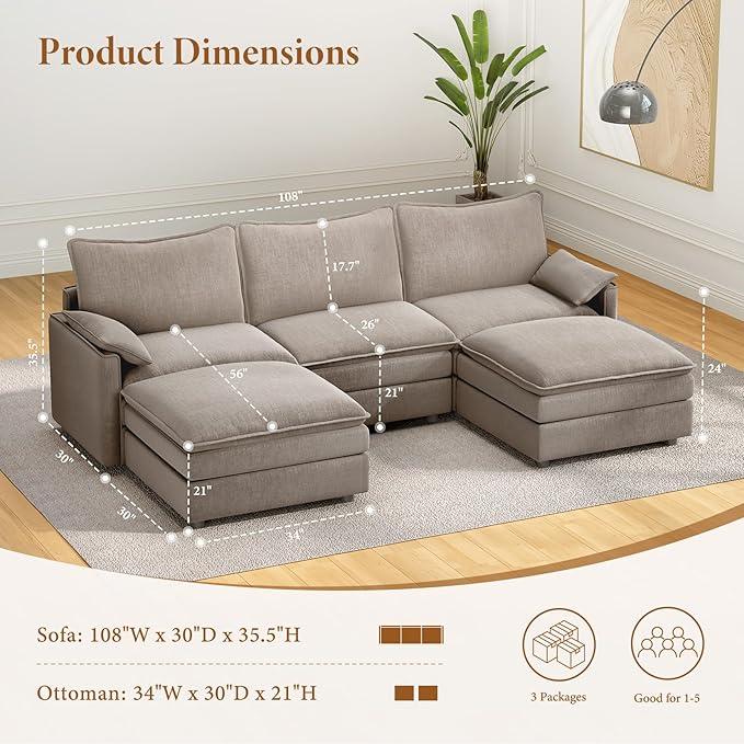 Vesgantti 108" U Shaped Sectional Couch, Comfy Cloud Modular Sectional Sofa with 2 Ottoman Deep Seat Chenille Modern Cloud Sofa, Modular Sofas for Living Room, Bedroom and Apartment, Light Brown