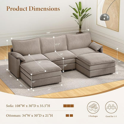Vesgantti 108" U Shaped Sectional Couch, Comfy Cloud Modular Sectional Sofa with 2 Ottoman Deep Seat Chenille Modern Cloud Sofa, Modular Sofas for Living Room, Bedroom and Apartment, Light Brown