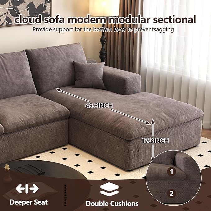 107'' U-Shaped Modern Modular Sectional Cloud Couch Whit Ottoman, 4-Seat Chenille Deep-Seat Sofa with Pillow for Living Room, Bedroom, Apartment, Camel