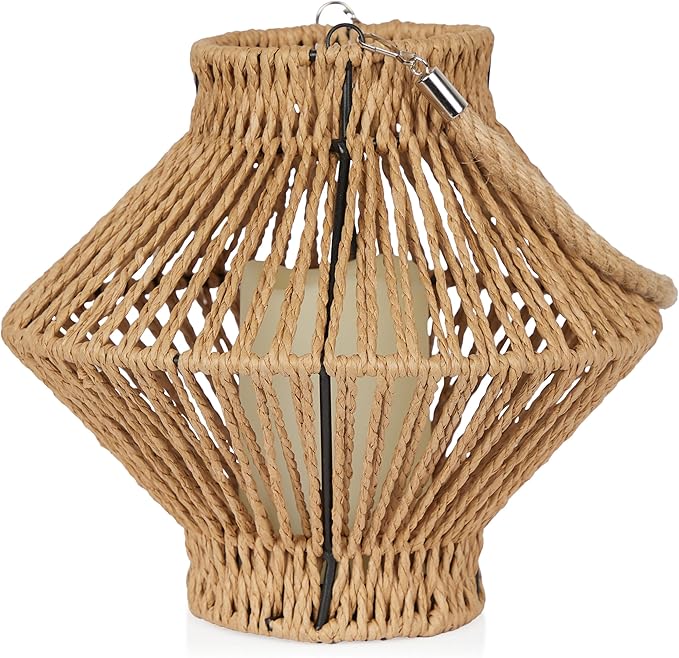 Alpine Corporation LAN420HH-BG-TM Hanging Woven Lantern with LED Candle and Timer, Boho Home Decor, 9" H, Beige