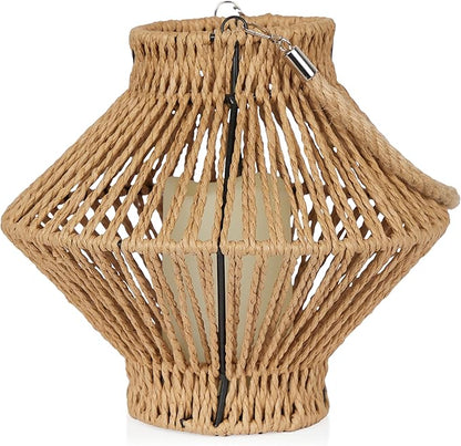 Alpine Corporation LAN420HH-BG-TM Hanging Woven Lantern with LED Candle and Timer, Boho Home Decor, 9" H, Beige