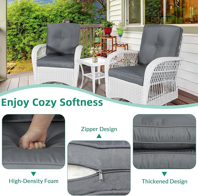 VIVIJASON 3-Piece Outdoor Conversation Bistro Set, Patio Swivel Glider Rocking Chairs Rattan Furniture Sets w/ 2 White Rattan Chairs, Glass Top Side Table for Porch Backyard, Grey Cushions