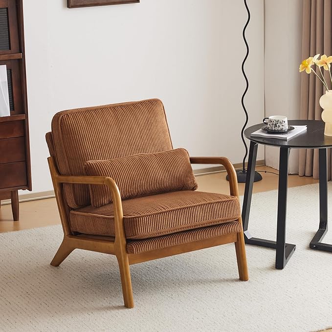 VINGLI Upgraded Premium Corduroy Accent Chair,Upholstered Arm Chair,Solid Wood Comfy Reading Chair with Pillow, Mid Century Modern Chairs for Living Room,Bedroom,Brown